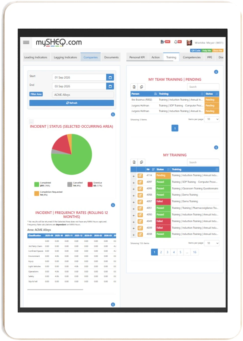 mySHEQ training dashboard on a tablet